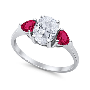 Fashion Promise Ring 3-Stone Oval Simulated Ruby CZ 925 Sterling Silver